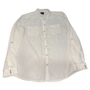 Lord & Taylor White Button Front Shirt XL Roll Tab Sleeves Mandarin Collar